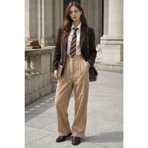 Women's High Rise Pleated Corduroy Trouser Pants Straight Leg Tan Sz 10 Academia